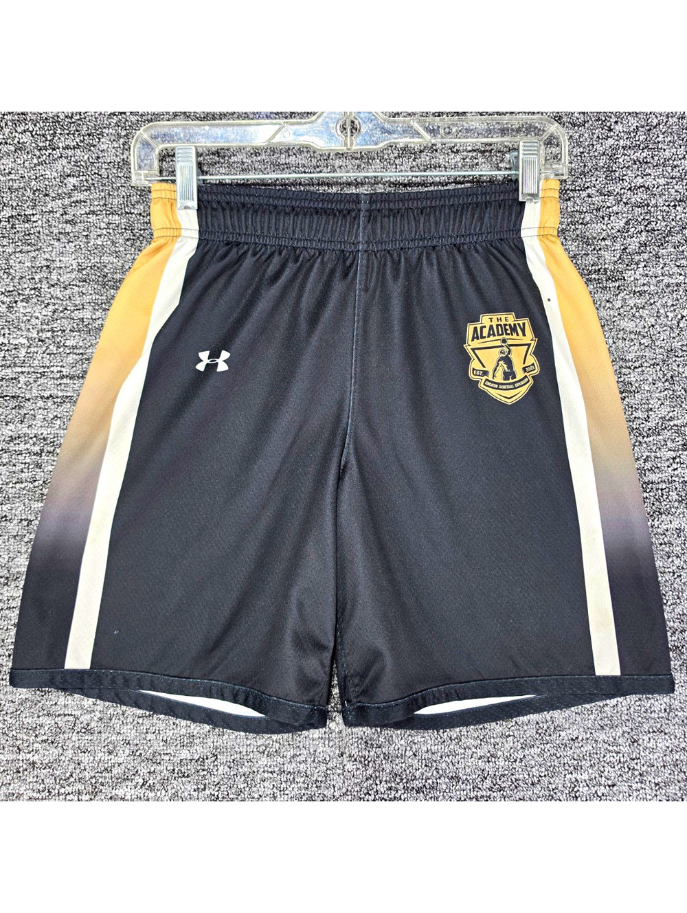 Under Armour Boys L Basketball Mesh Athletic Shorts Black/Gold/White Drawstring